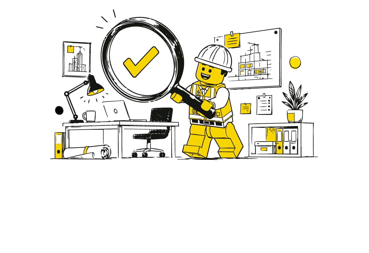 Illustration of a person reviewing plans with a magnifying glass